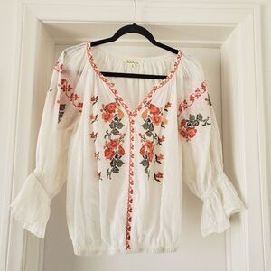 Solitaire Cotton Embroidered Floral Womens Blouse Size S